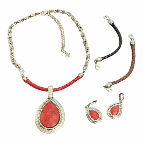 Vintage Interchangeable Necklace Set Boho Statement Pendant Earrings - Picture 7 of 8